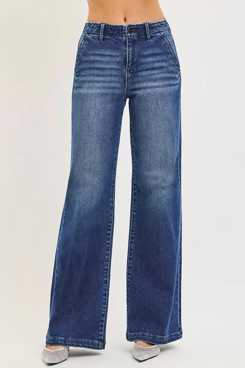RISEN High Rise Wide Leg Slanted Pocket Jeans - Desert Sunday
