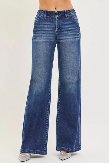 RISEN High Rise Wide Leg Slanted Pocket Jeans - Desert Sunday