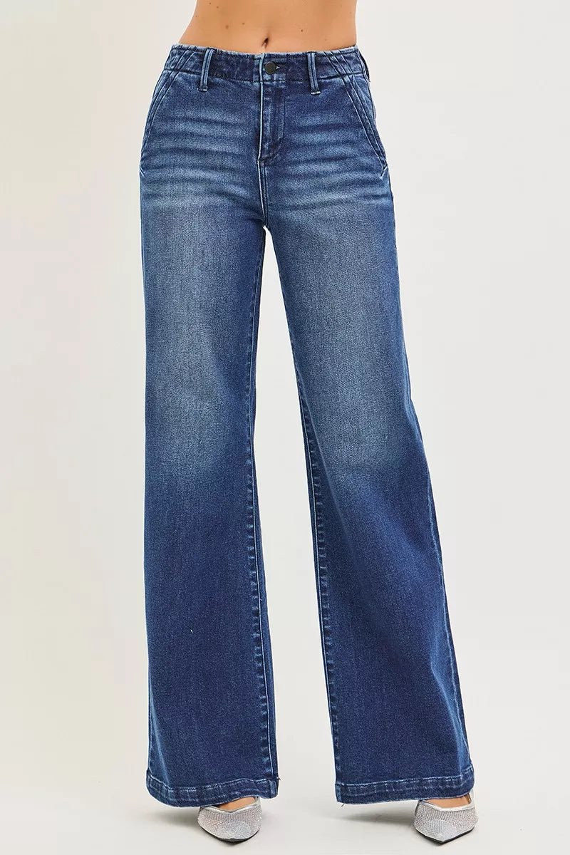 RISEN High Rise Wide Leg Slanted Pocket Jeans - Desert Sunday