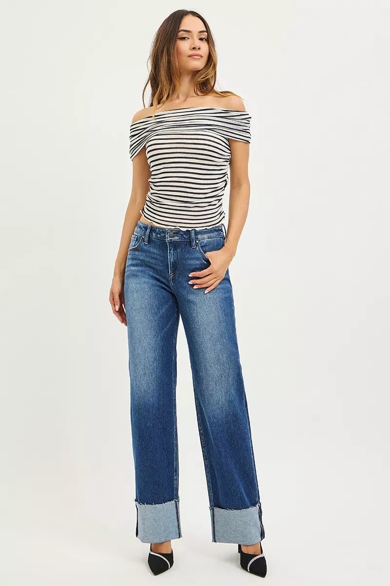 RISEN Mid Rise Wide Straight Jeans With Wide Cuff - Desert Sunday