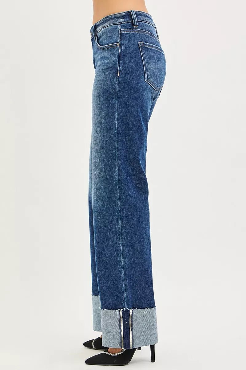 RISEN Mid Rise Wide Straight Jeans With Wide Cuff - Desert Sunday