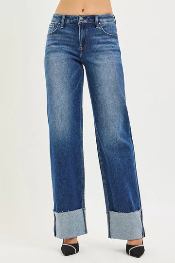 RISEN Mid Rise Wide Straight Jeans With Wide Cuff - Desert Sunday