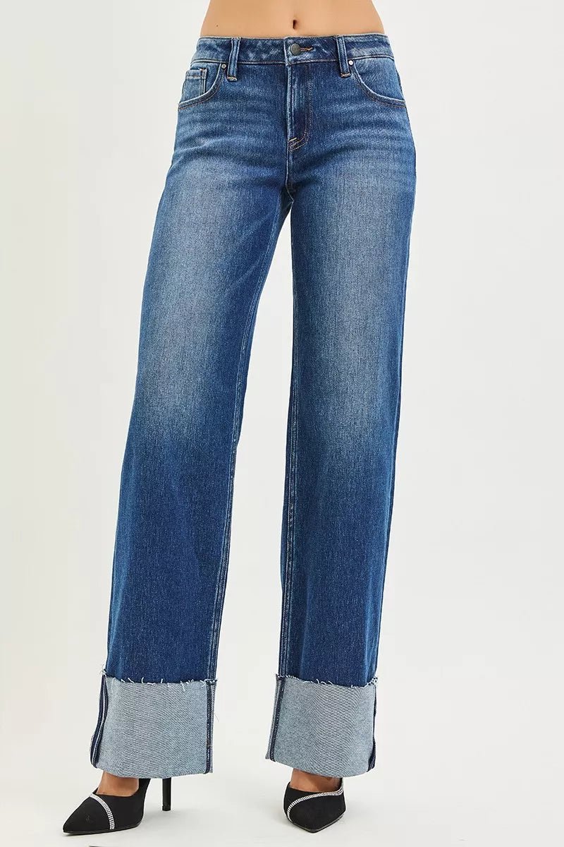RISEN Mid Rise Wide Straight Jeans With Wide Cuff - Desert Sunday