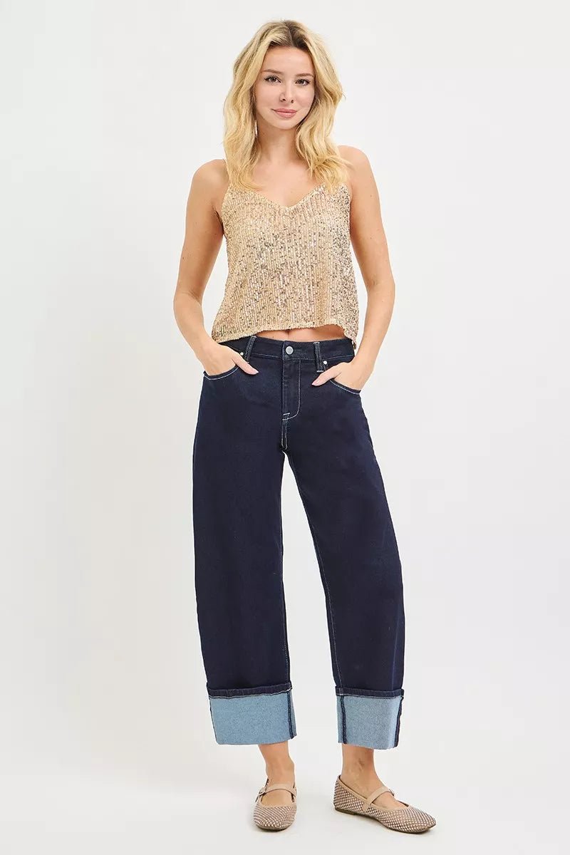 RISEN Slouchy Crop Barrel Cuffed Hem Jeans - Desert Sunday