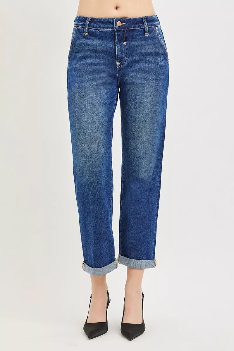 RISEN Slouchy Cropped Boyfriend Jeans with Cuffed Hem - Desert Sunday
