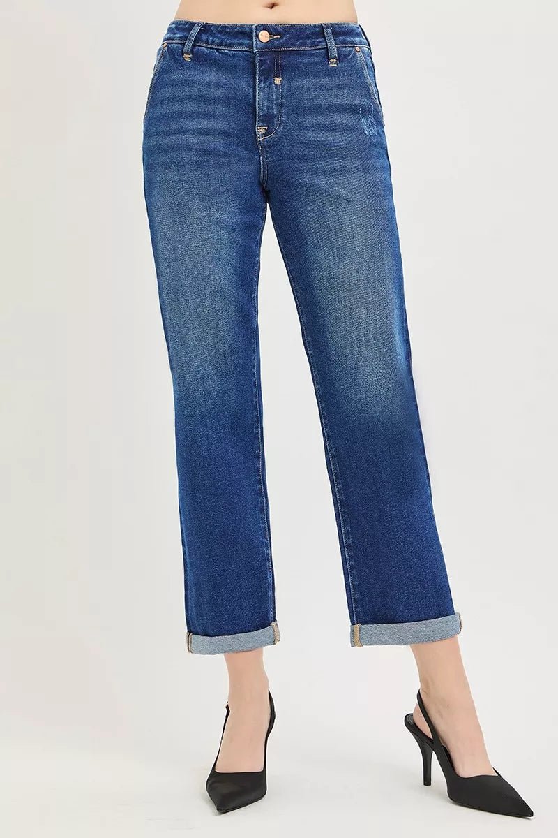 RISEN Slouchy Cropped Boyfriend Jeans with Cuffed Hem - Desert Sunday