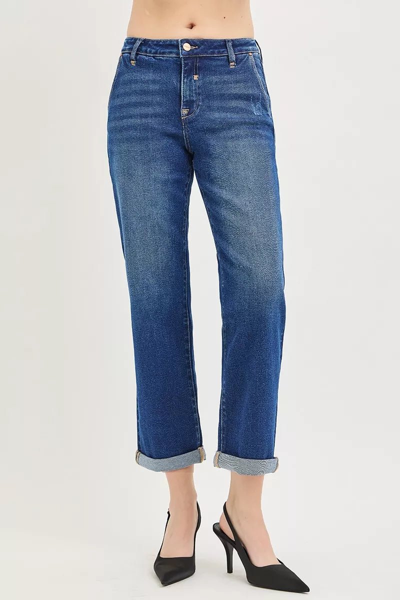 RISEN Slouchy Cropped Boyfriend Jeans with Cuffed Hem - Desert Sunday