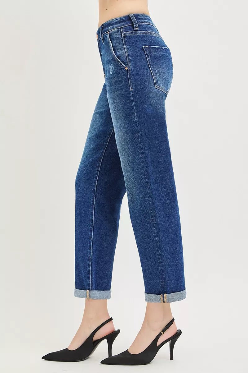 RISEN Slouchy Cropped Boyfriend Jeans with Cuffed Hem - Desert Sunday