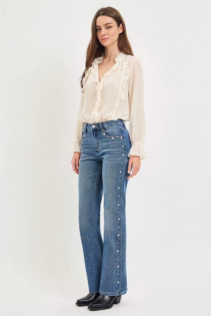 Risen Star Studded Tummy Control Bootcut Jeans - Desert Sunday