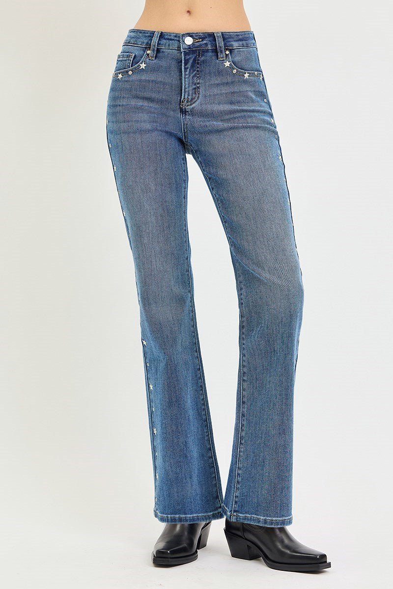 Risen Star Studded Tummy Control Bootcut Jeans - Desert Sunday