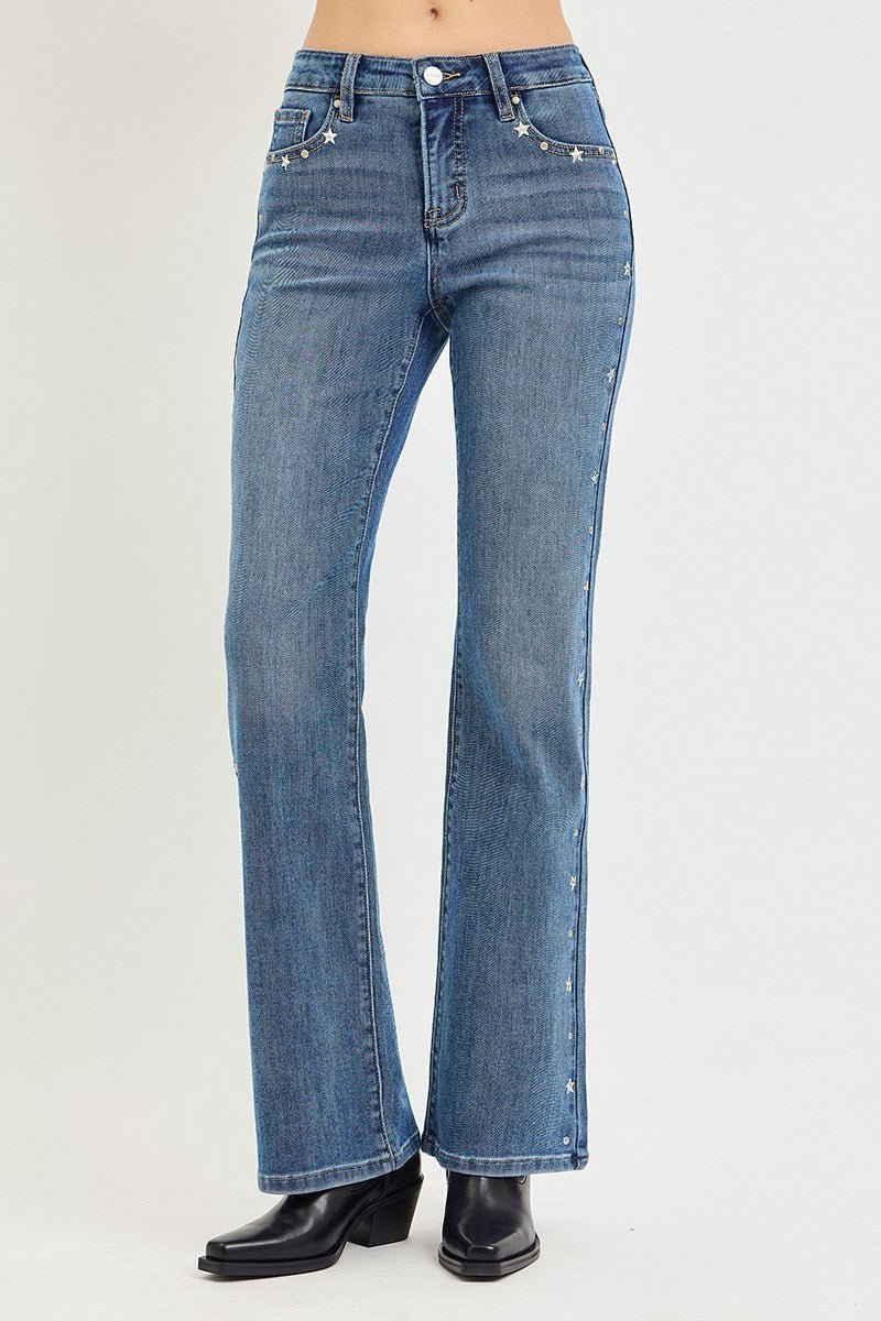 Risen Star Studded Tummy Control Bootcut Jeans - Desert Sunday
