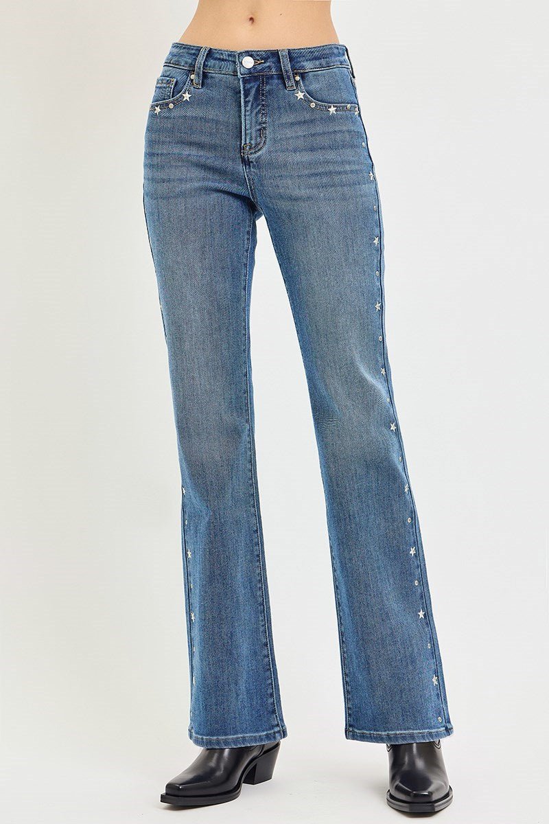 Risen Star Studded Tummy Control Bootcut Jeans - Desert Sunday