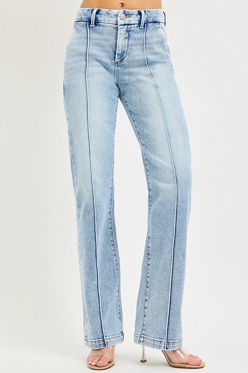 RISEN Tummy Control High Rise Straight Pin Tuck Jeans - Desert Sunday
