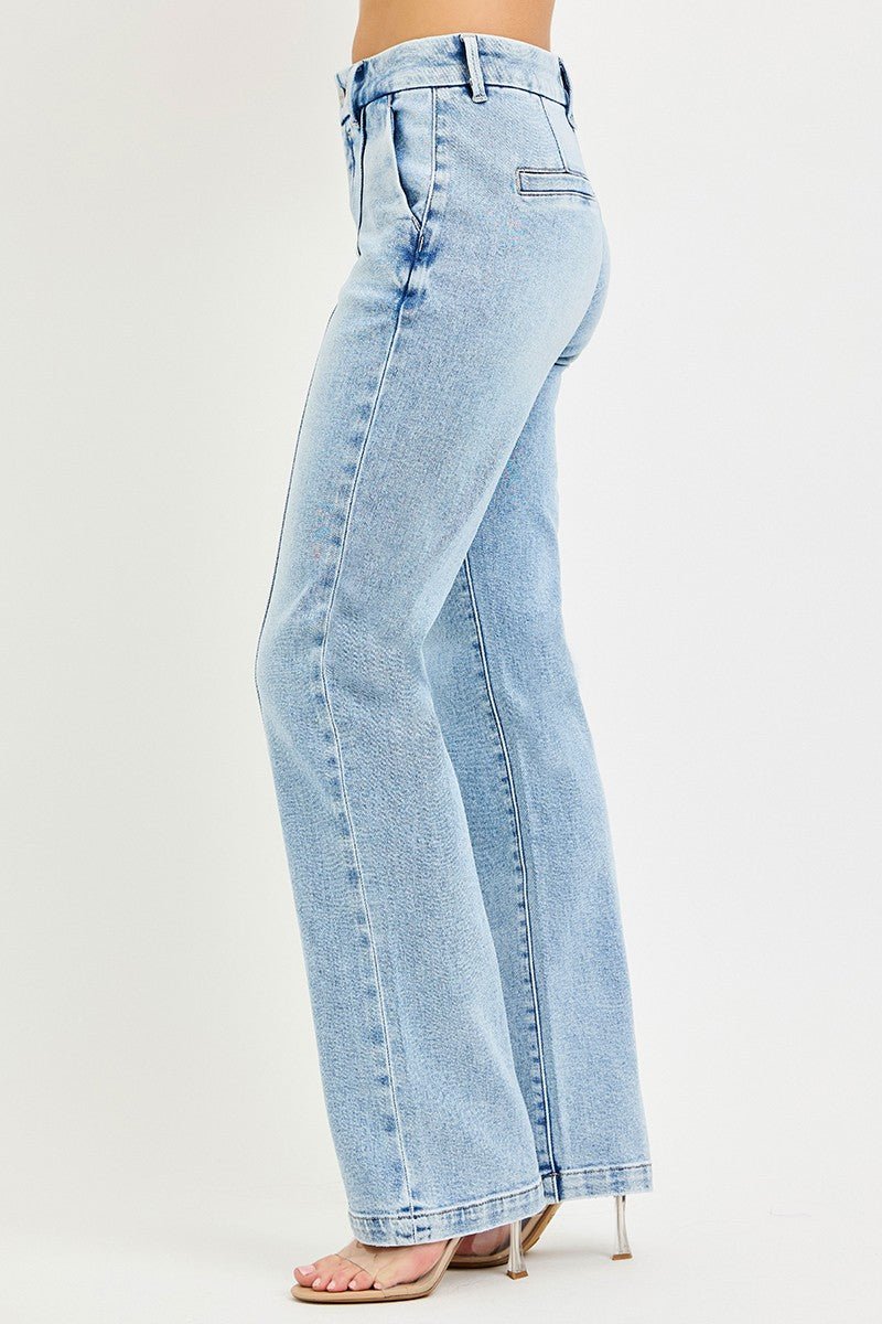RISEN Tummy Control High Rise Straight Pin Tuck Jeans - Desert Sunday