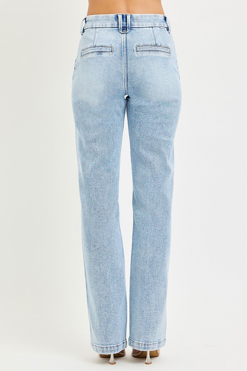 RISEN Tummy Control High Rise Straight Pin Tuck Jeans - Desert Sunday
