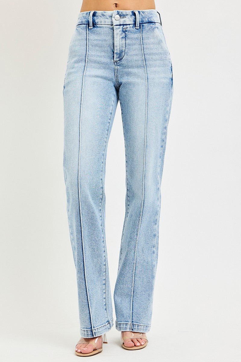 RISEN Tummy Control High Rise Straight Pin Tuck Jeans - Desert Sunday