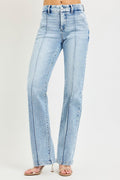 RISEN Tummy Control High Rise Straight Pin Tuck Jeans - Desert Sunday