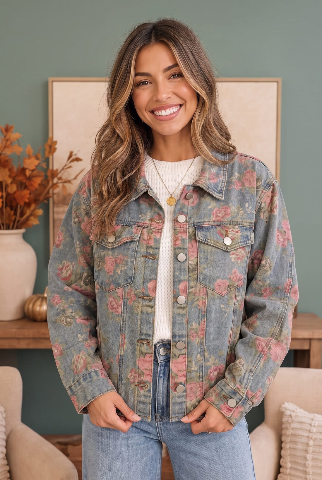 Rosy Days Floral Denim Jacket - Desert Sunday