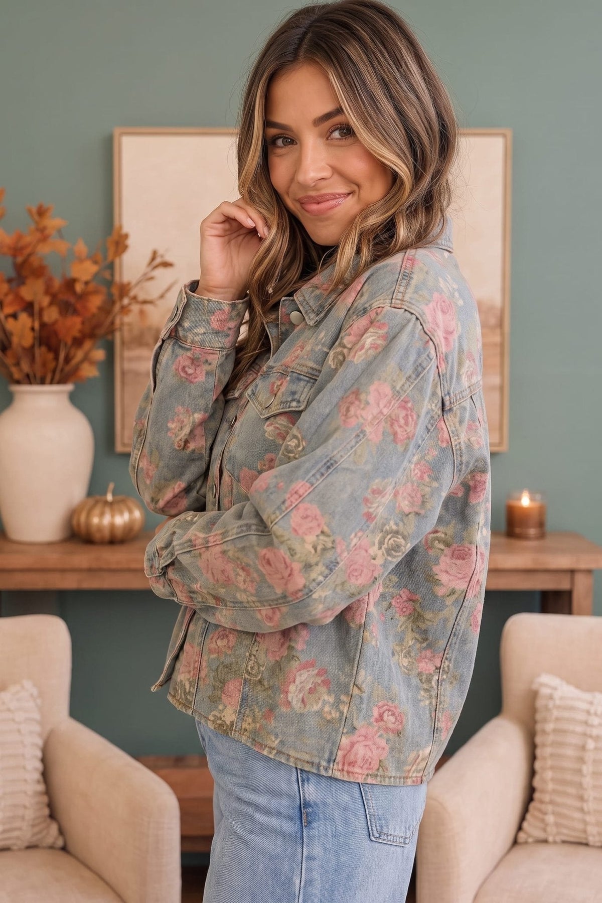 Rosy Days Floral Denim Jacket - Desert Sunday