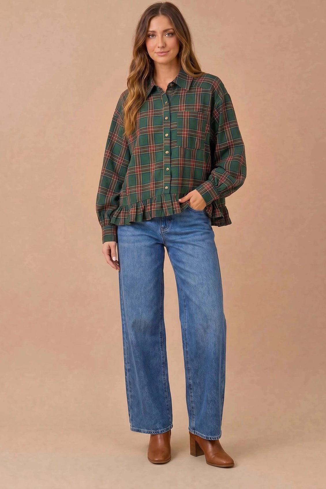 Ruffle the Rules Plaid Flannel Top in Green - Desert Sunday