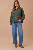 Ruffle the Rules Plaid Flannel Top in Green - Desert Sunday
