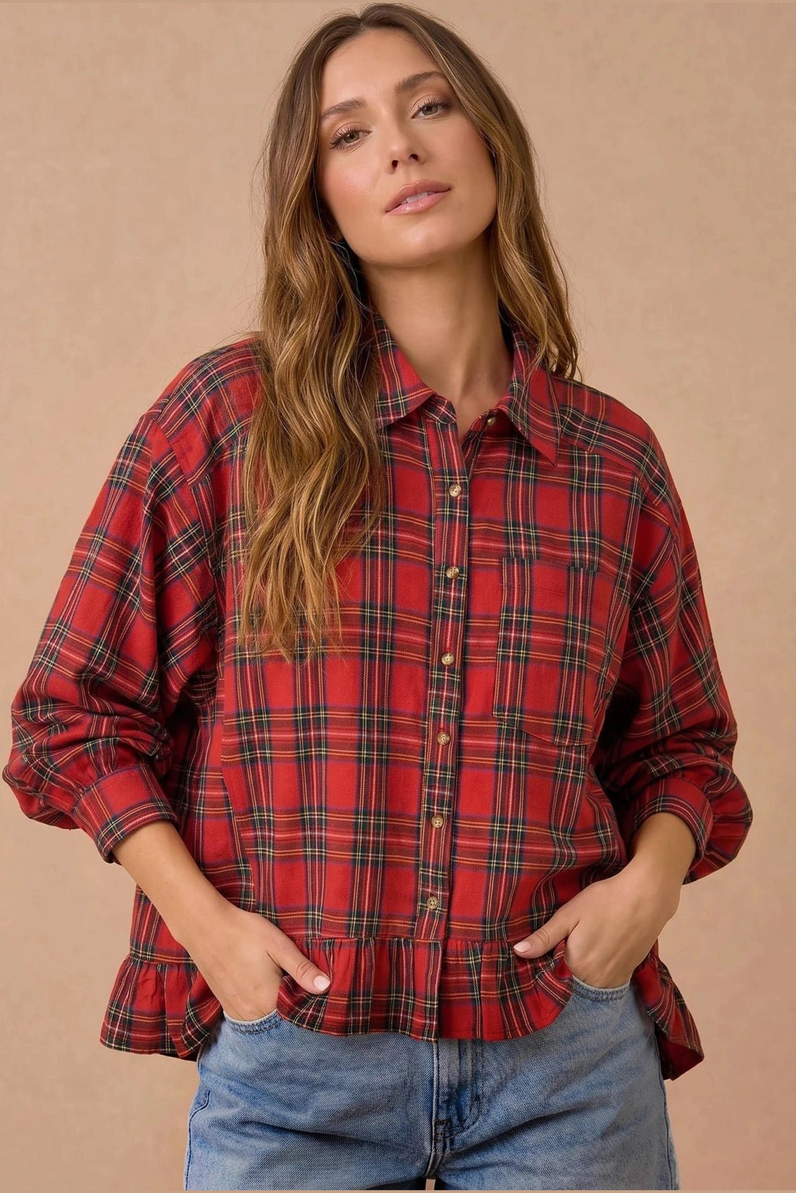 Ruffle the Rules Plaid Flannel Top in Red - Desert Sunday