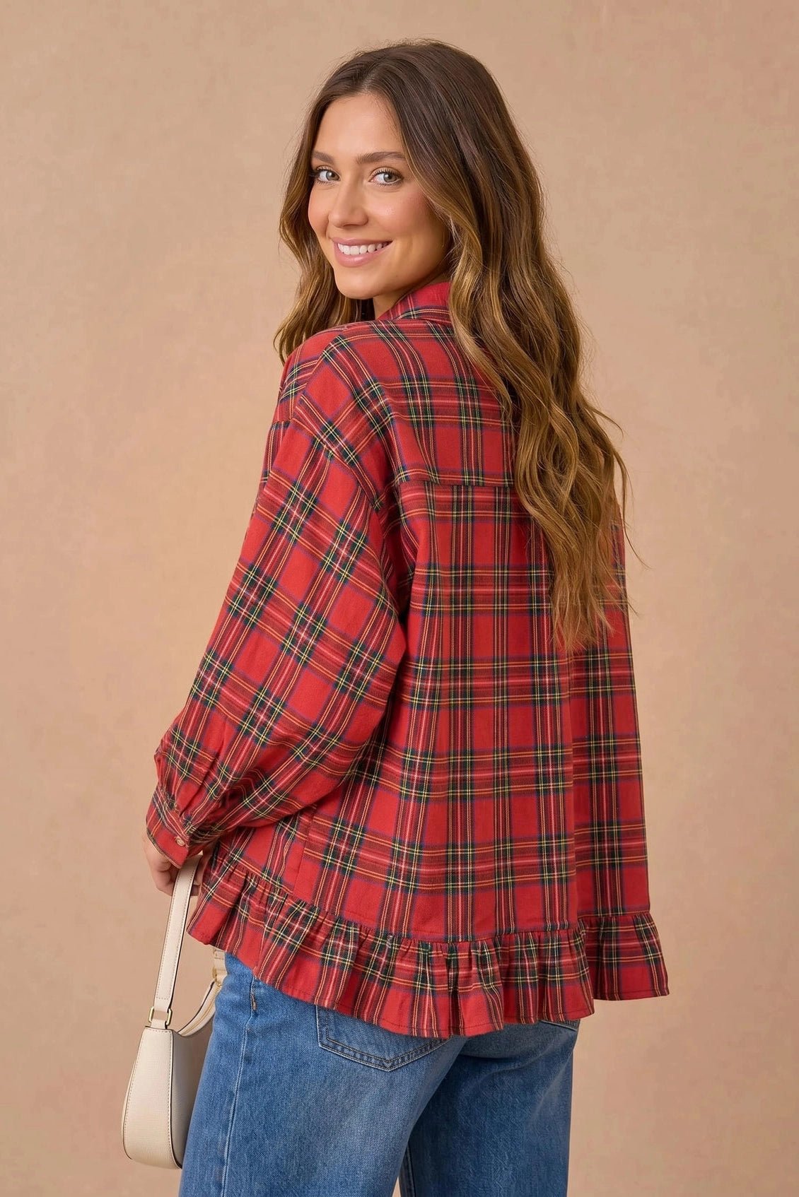 Ruffle the Rules Plaid Flannel Top in Red - Desert Sunday