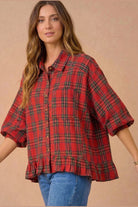 Ruffle the Rules Plaid Flannel Top in Red - Desert Sunday