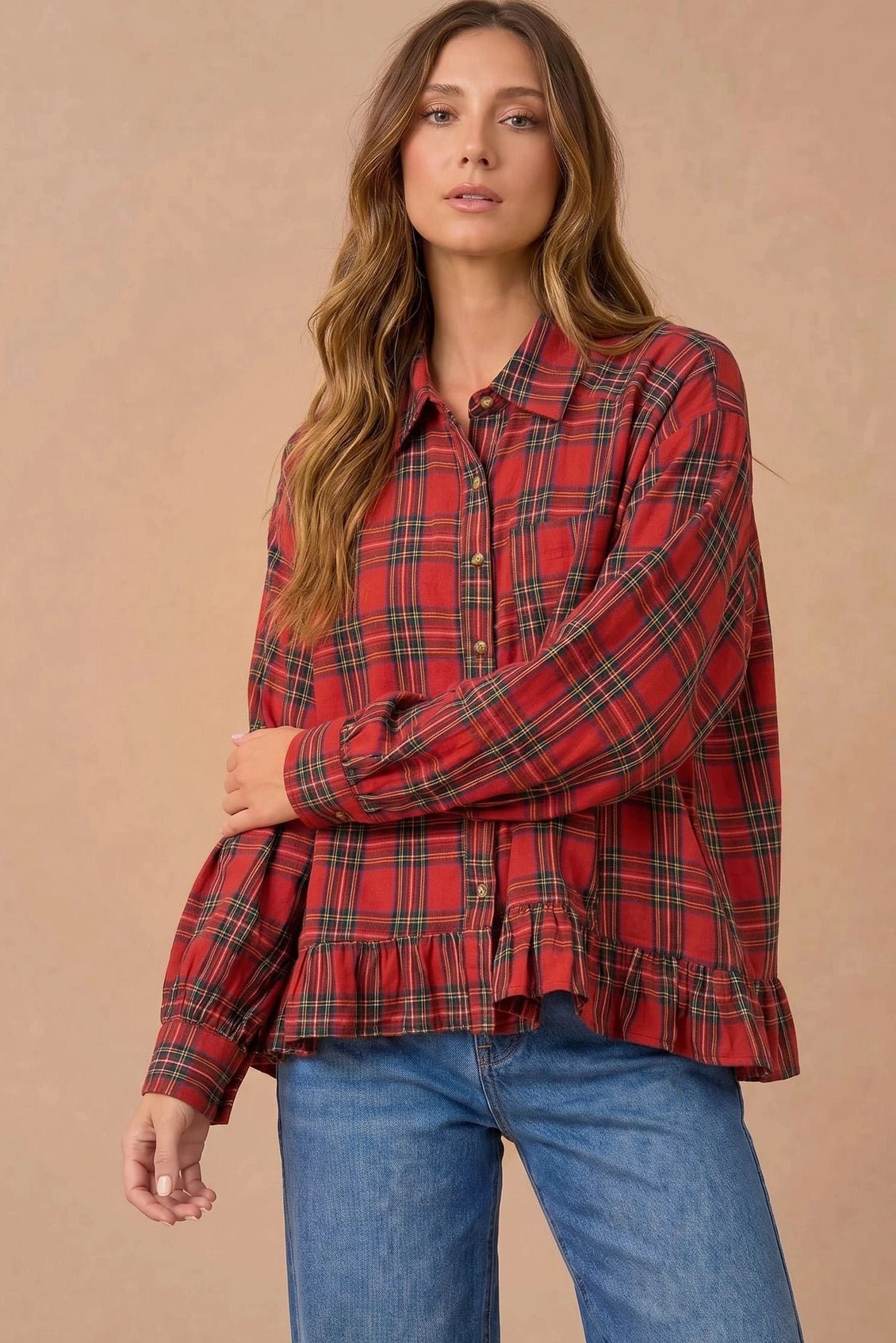 Ruffle the Rules Plaid Flannel Top in Red - Desert Sunday
