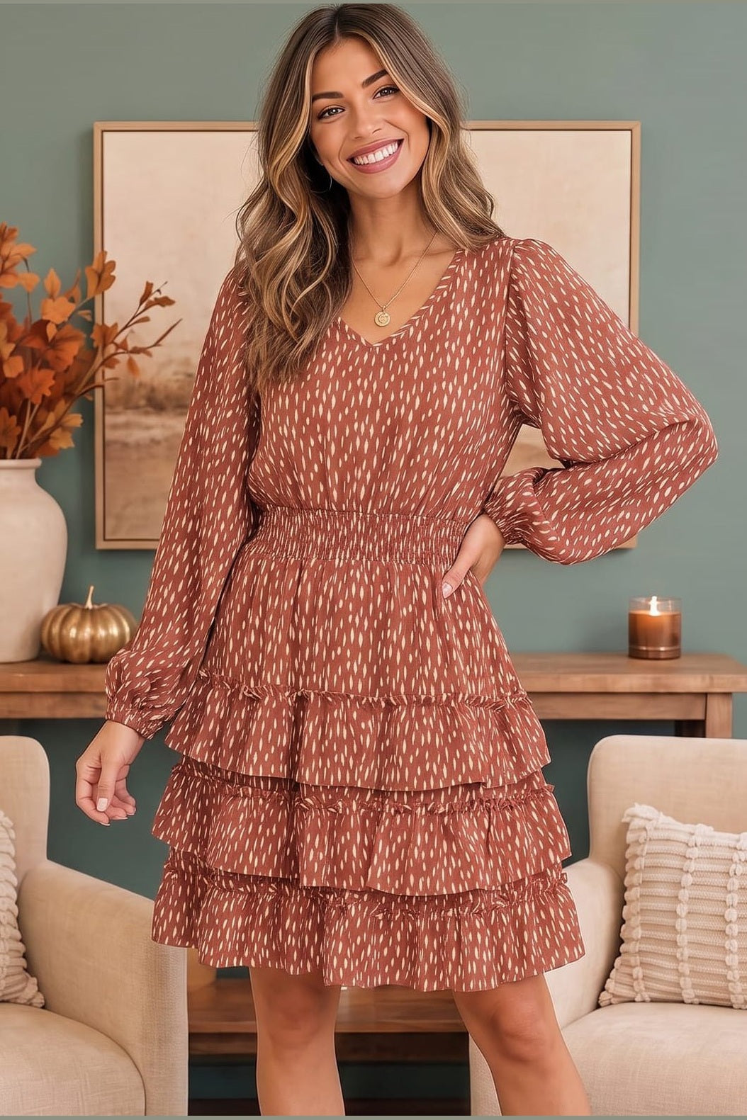 Rust Speckled Ruffle Tiered Mini Dress - Desert Sunday