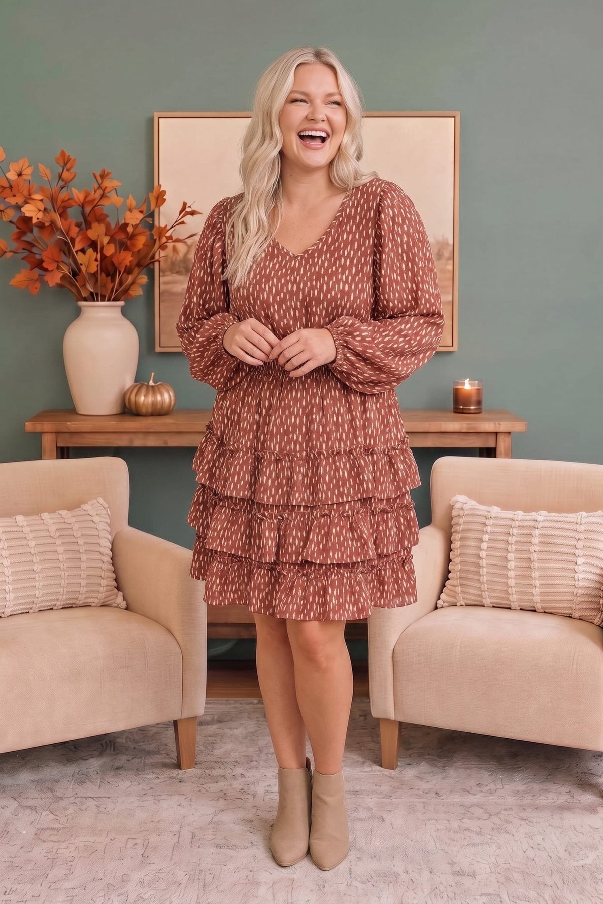 Rust Speckled Ruffle Tiered Mini Dress - Desert Sunday