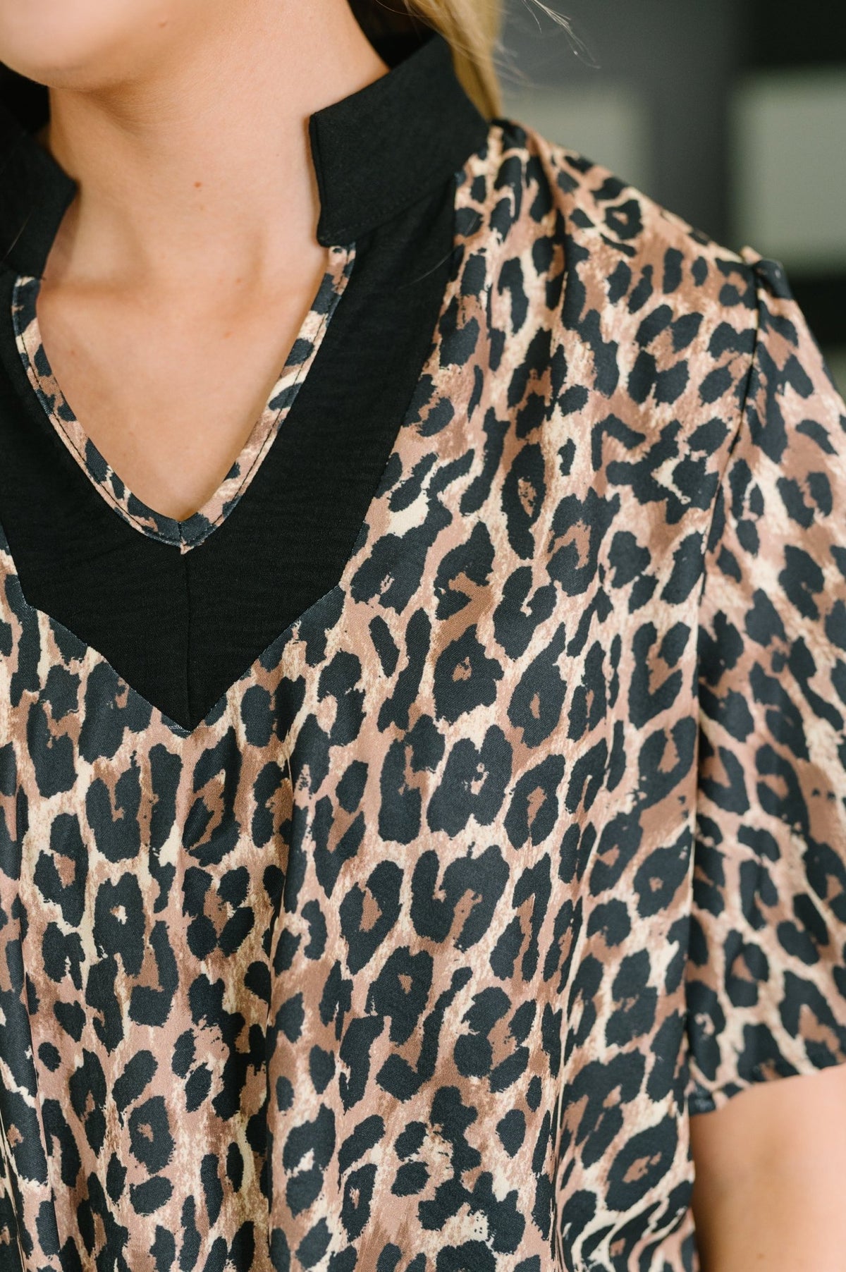 Sassy Season Split Neck Leopard Print Blouse - Desert Sunday