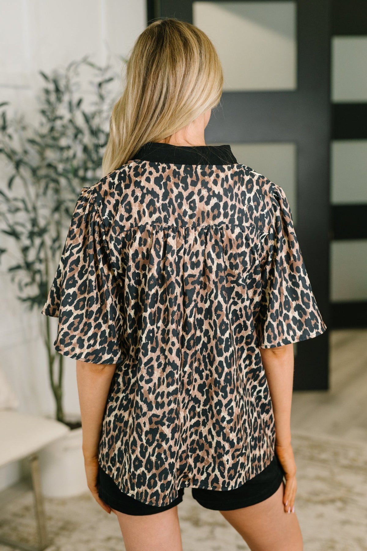 Sassy Season Split Neck Leopard Print Blouse - Desert Sunday