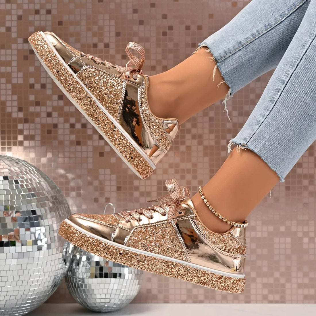 Sequin Lace Up Sneakers - Desert Sunday