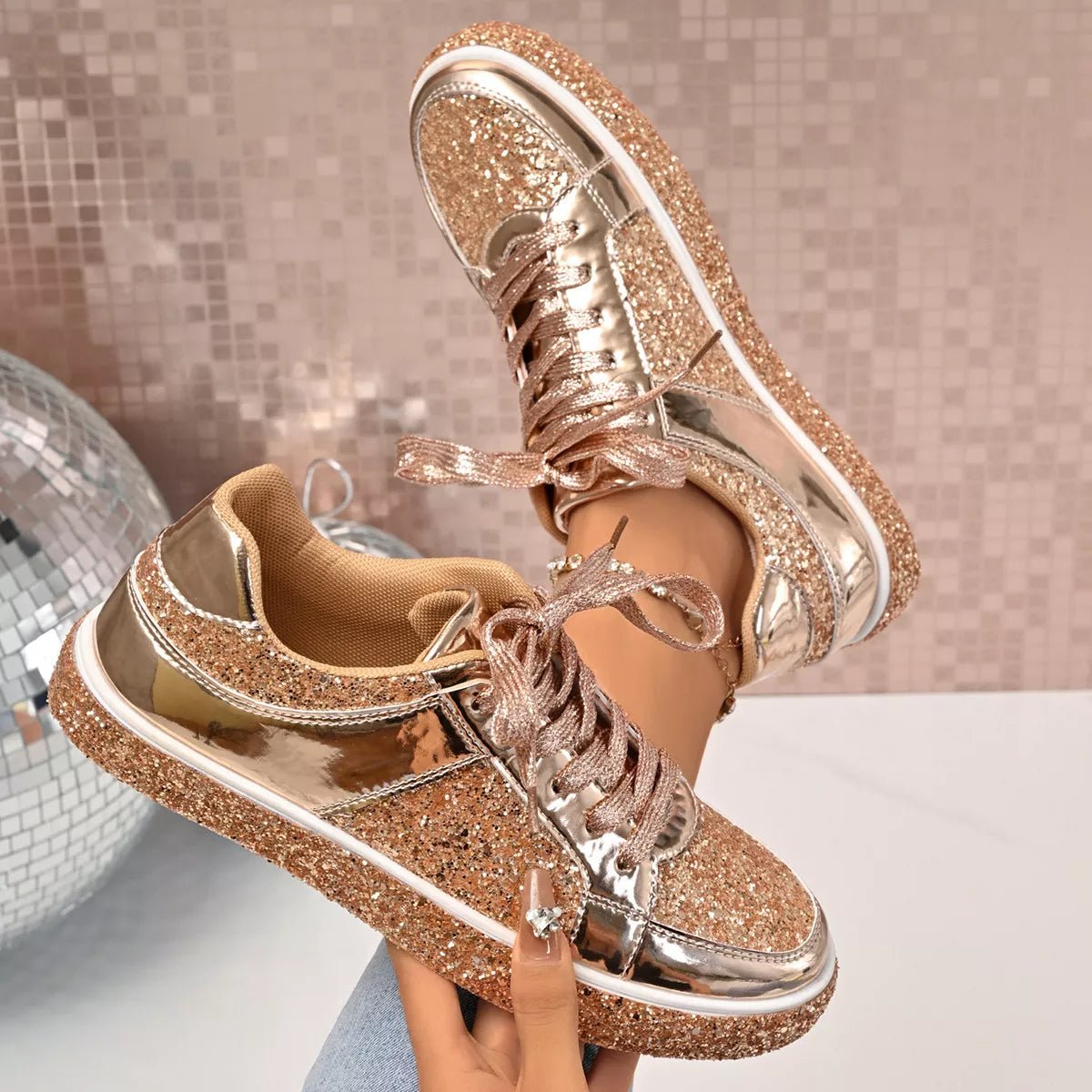 Sequin Lace Up Sneakers - Desert Sunday