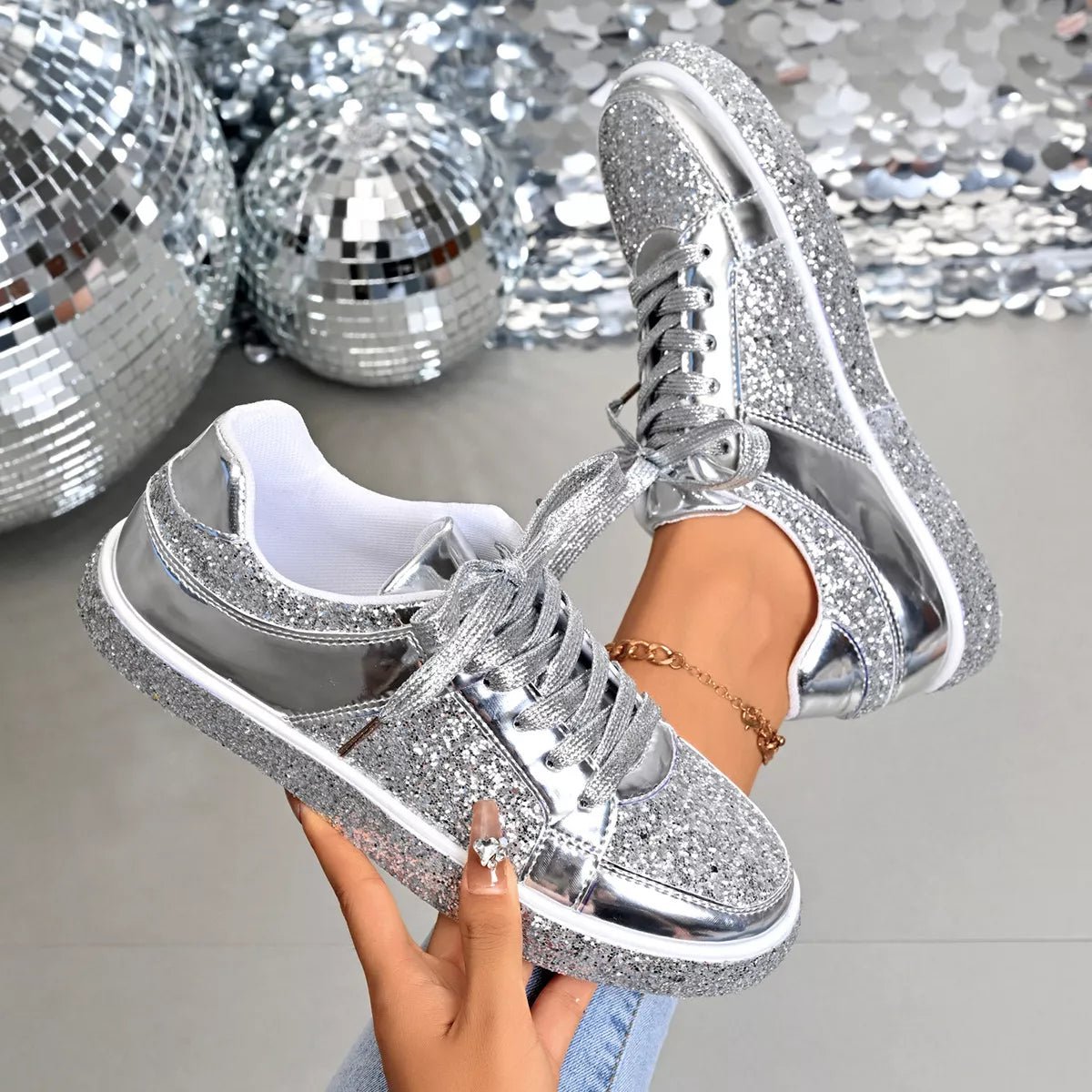 Sequin Lace Up Sneakers - Desert Sunday