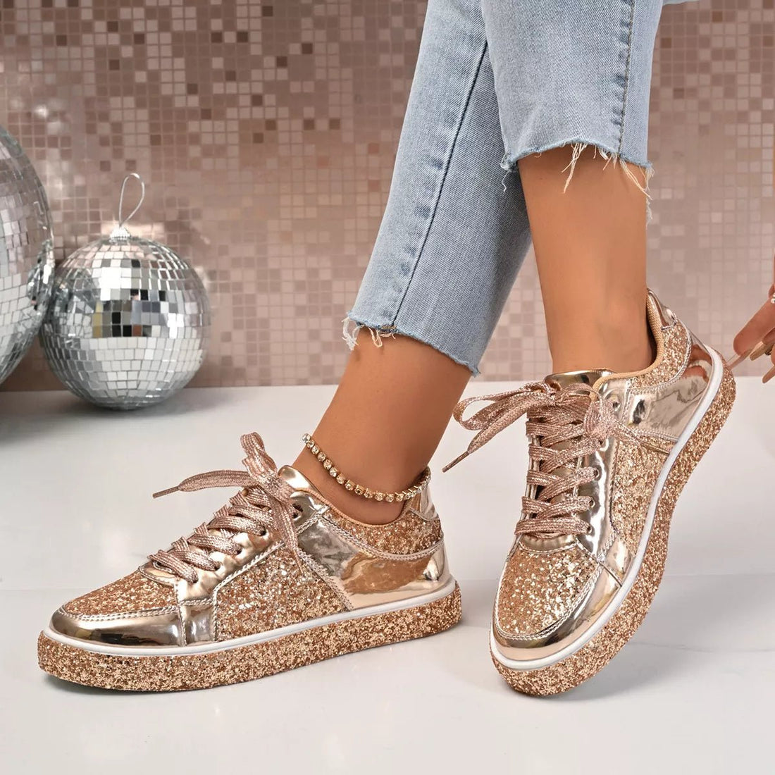 Sequin Lace Up Sneakers - Desert Sunday