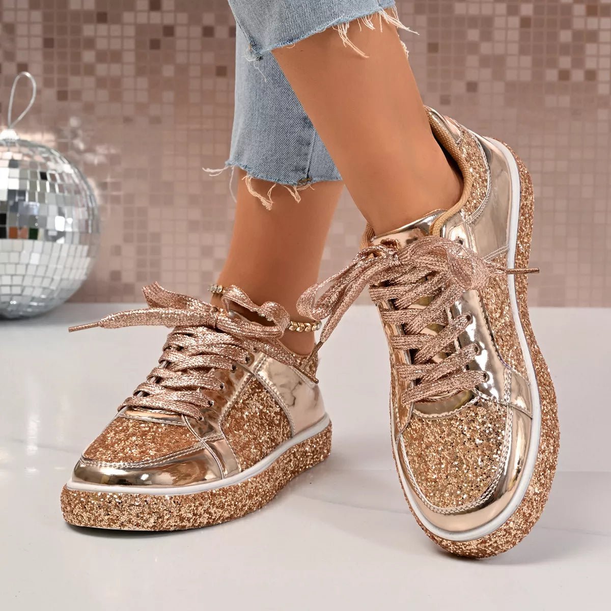 Sequin Lace Up Sneakers - Desert Sunday
