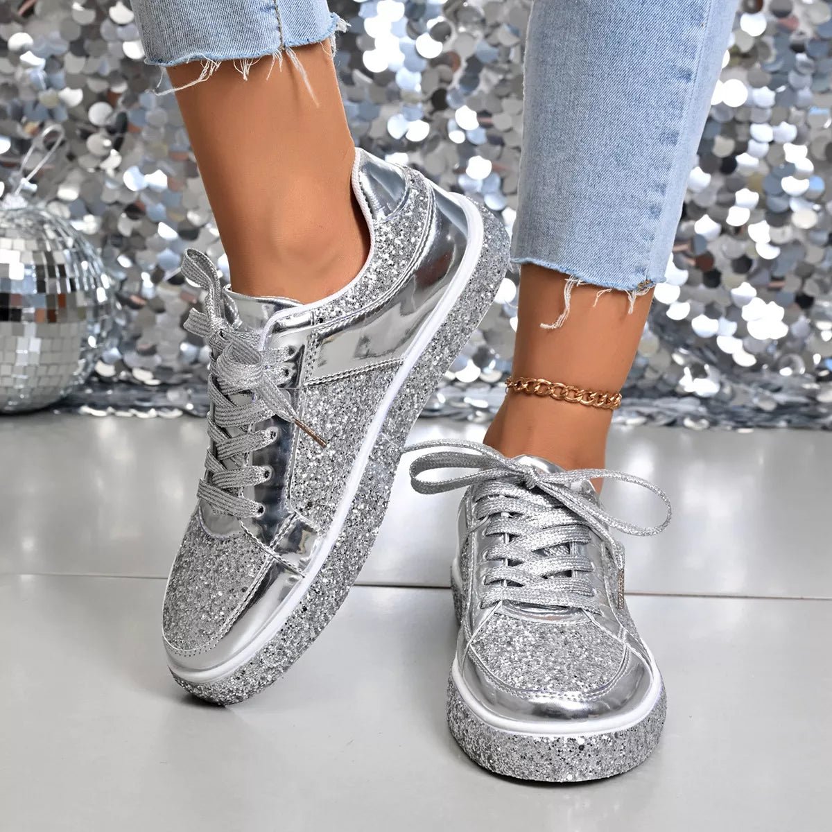 Sequin Lace Up Sneakers - Desert Sunday