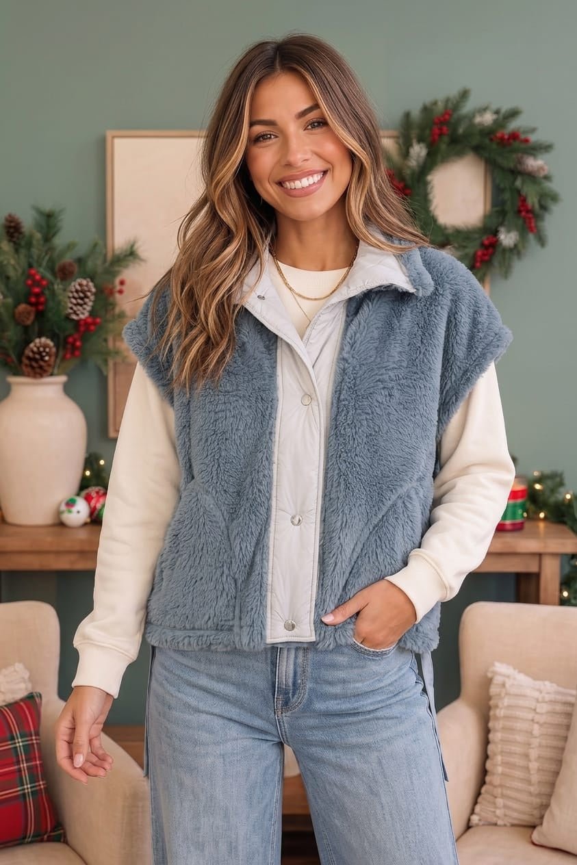 Snuggle Season Sherpa Vest in Slate - Desert Sunday