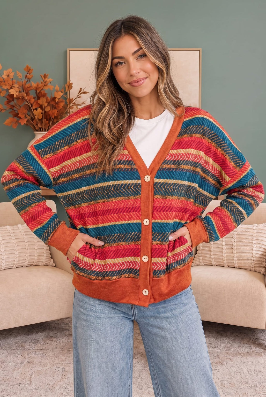 Snuggle Up Striped Button Down Cardigan - Desert Sunday