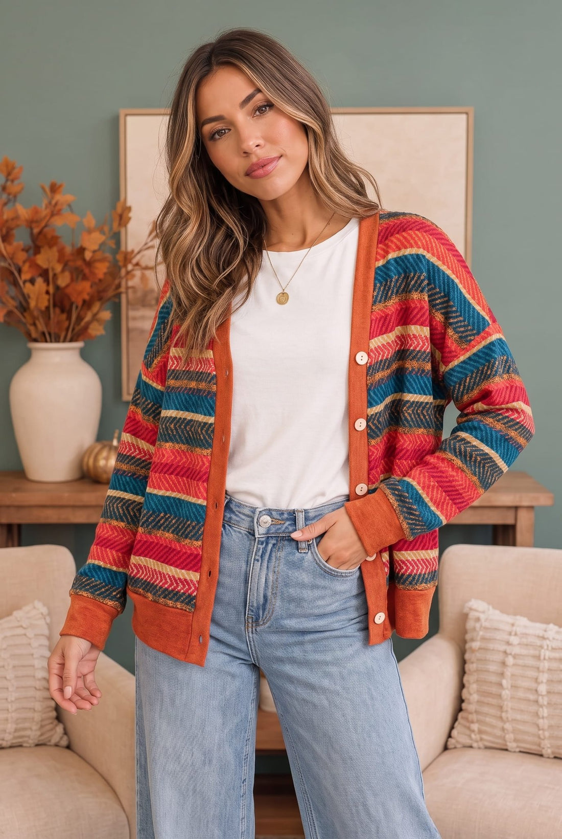 Snuggle Up Striped Button Down Cardigan - Desert Sunday