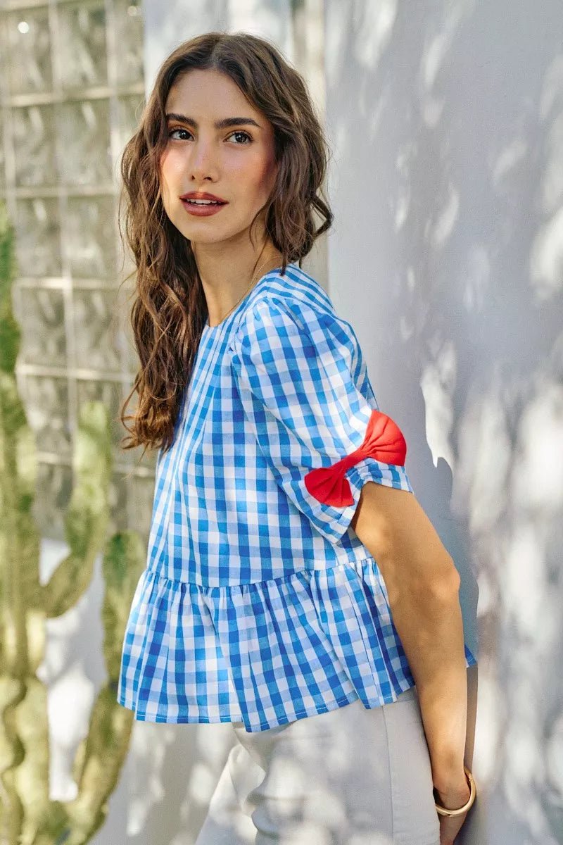 SO ME 4th Of July Gingham Ribbon Detail Short Sleeves Blouse - Desert Sunday
