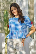 SO ME 4th Of July Gingham Ribbon Detail Short Sleeves Blouse - Desert Sunday
