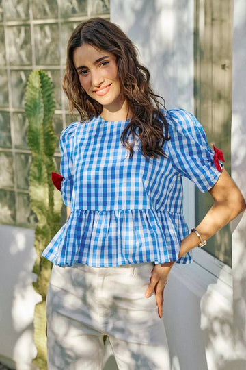 SO ME 4th Of July Gingham Ribbon Detail Short Sleeves Blouse - Desert Sunday