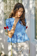 SO ME 4th Of July Gingham Ribbon Detail Short Sleeves Blouse - Desert Sunday