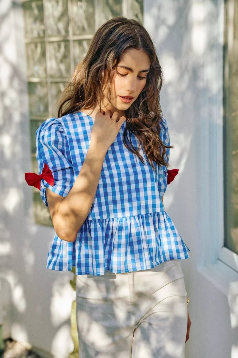 SO ME 4th Of July Gingham Ribbon Detail Short Sleeves Blouse - Desert Sunday