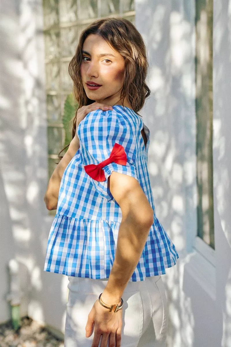 SO ME 4th Of July Gingham Ribbon Detail Short Sleeves Blouse - Desert Sunday