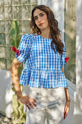 SO ME 4th Of July Gingham Ribbon Detail Short Sleeves Blouse - Desert Sunday