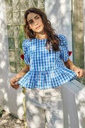 SO ME 4th Of July Gingham Ribbon Detail Short Sleeves Blouse - Desert Sunday